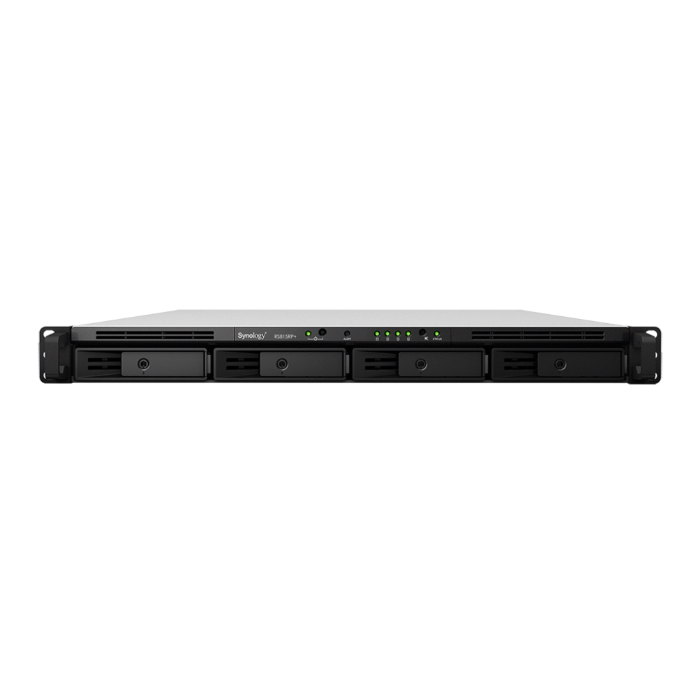 Synology (Rack 1U) RS815RP+QC2,4GhzCPU/2Gb(up to 6)/RAID0,1,10,5,5+spare,6/up to 4hot plug HDDs SATA(3,5&Prime; or 2,5&Prime;)(up to 8 with RX415)/2xUSB/1eSATA/4GigEth/iSCSI/2xIPcam(up to 40)/2xRPS/no rail