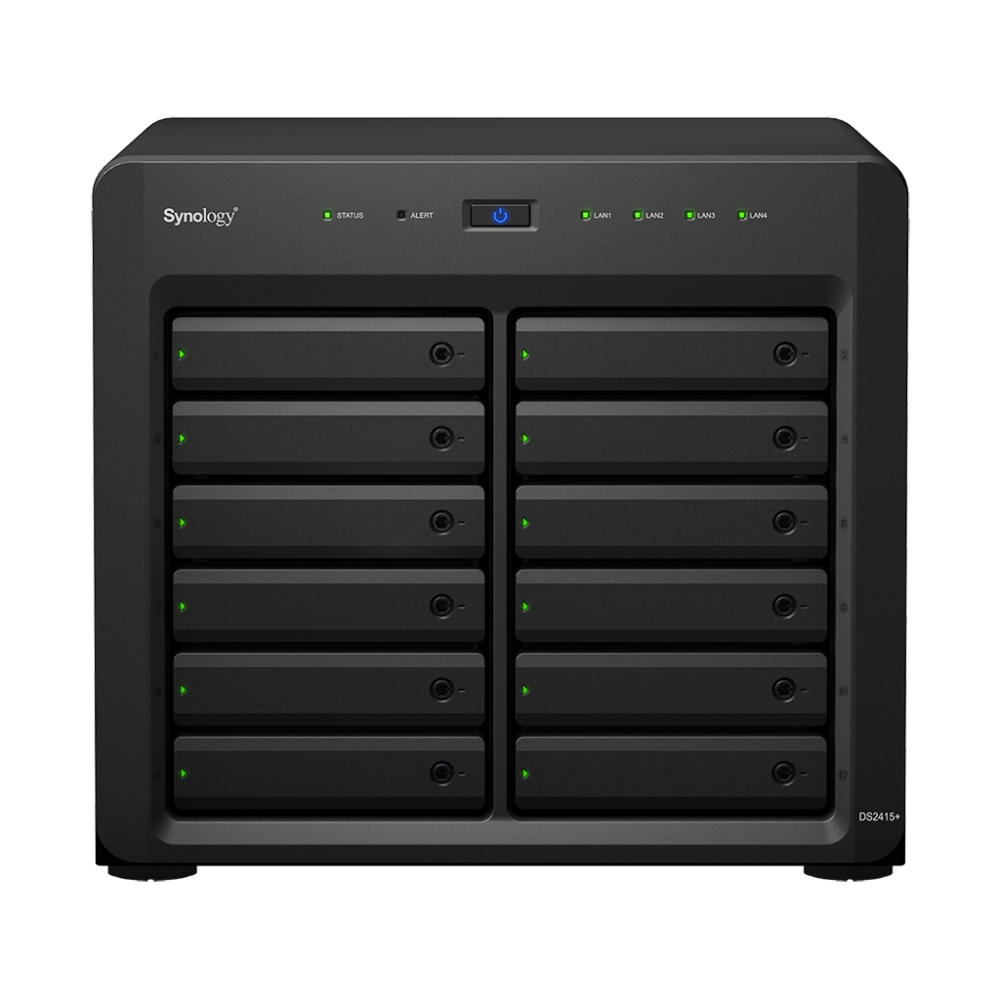 Synology DS2415+ QC2,4GhzCPU/2Gb(up to 5)/RAID0,1,10,5,5+spare,6/up to 12hot plug HDDs SATA(3,5&Prime; or 2,5&Prime;) (up to 24 with DX1215 /2xUSB3.0,4xUSB2.0/1Infiniband/4GigEth/iSCSI/2xIPcam(up to 40)/1xPS